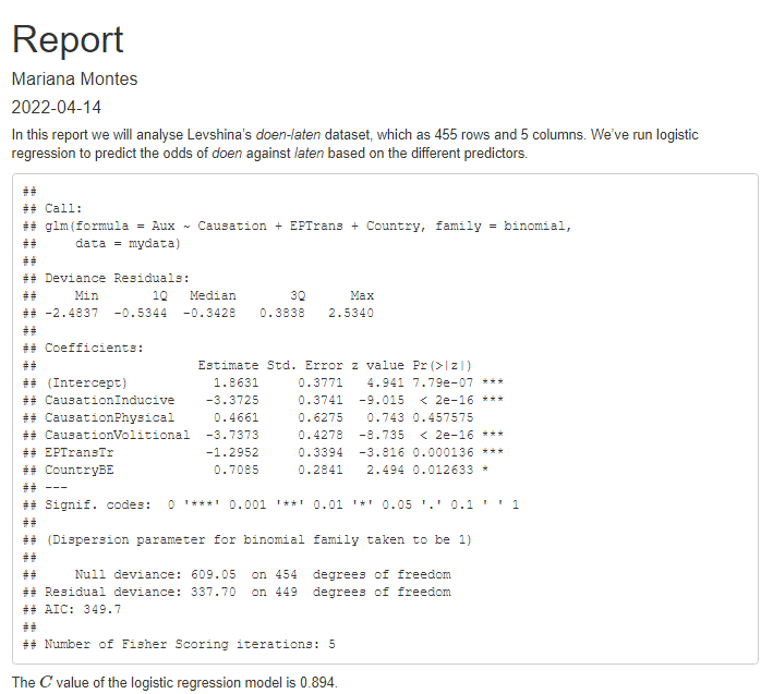 HTML rendering of the first version of the R Markdown report.