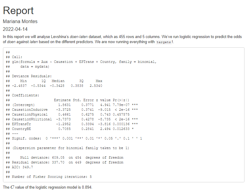 HTML rendering of the first version of the R Markdown report, with a new line indicating it's linked to the targets package.