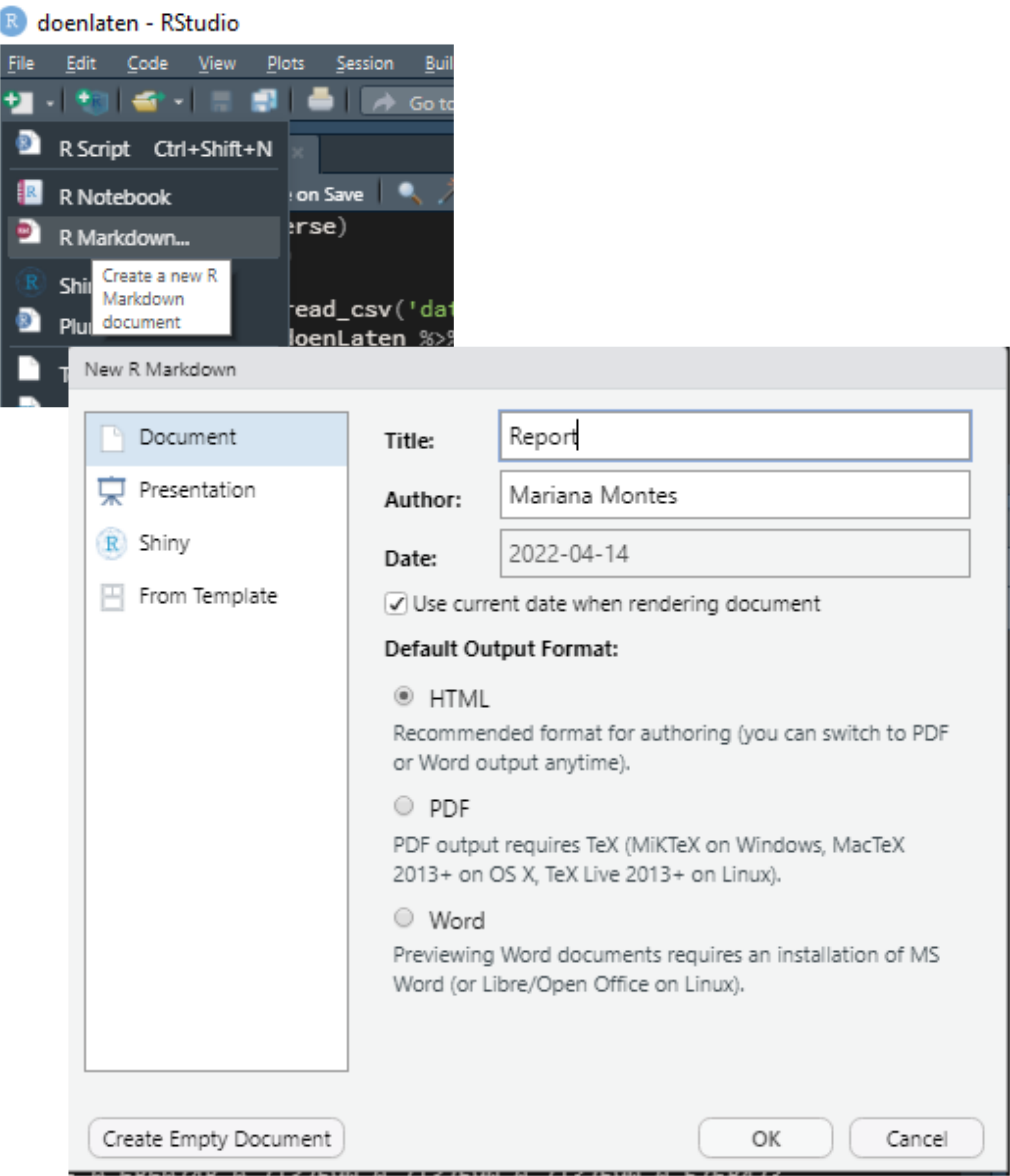 Two screenshots of the steps to create an R Markdown file, slightly overlapping. The first shows a dropdown menu with the option to create the file. The second shows a dialog window with that lets you name your file and select an initialization configuration.