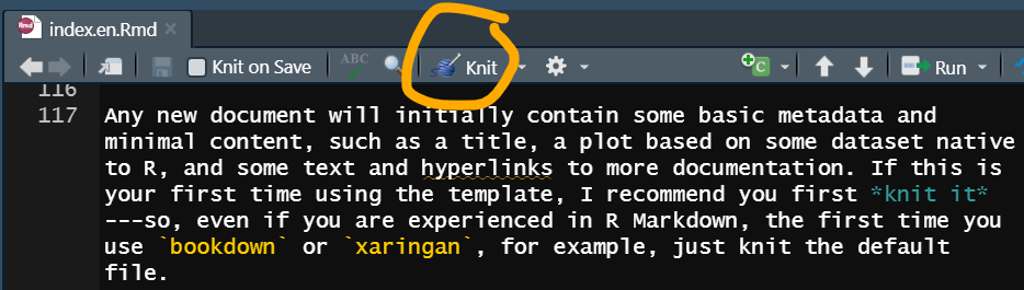 Screenshot of top of the editing panel in R Studio, with a hand-drawn yellow circle around a button that reads "Knit". The text in the panel shows the previous paragraph, reading "I recommend you first knit it".
