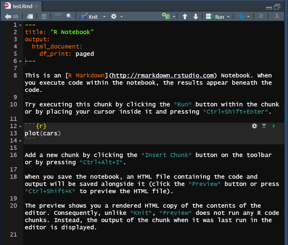 Screenshot of a window pane in R Studio with the raw R markdown file of the R notebook template, white writing on black background.