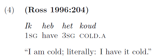Screenshot of a gloss. The firs line has the number of the example, 4, followed by the source of the example in parenthesis: Ross 1999, page 204. The following line is in italics and it reads, in Dutch, "It heb het koud". The second line has four items aligned with each of the words in the first like, indicating: first person singular, "have", third person singular, "cold" adjective". The last line, surrounded in quotation marks, reads the free translation of the example: "I am cold; literally: I have it cold.".