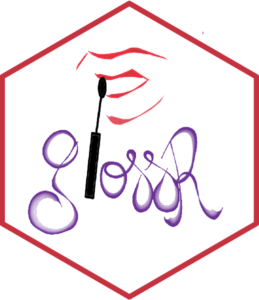 Hexagonal sticker of the R package "glossr", with white background the drawing of a black lipgloss stick on the silhouette of red lips. The lipgloss stick is the L on an otherwise purple curvy writing of the package name, G L O S S R.