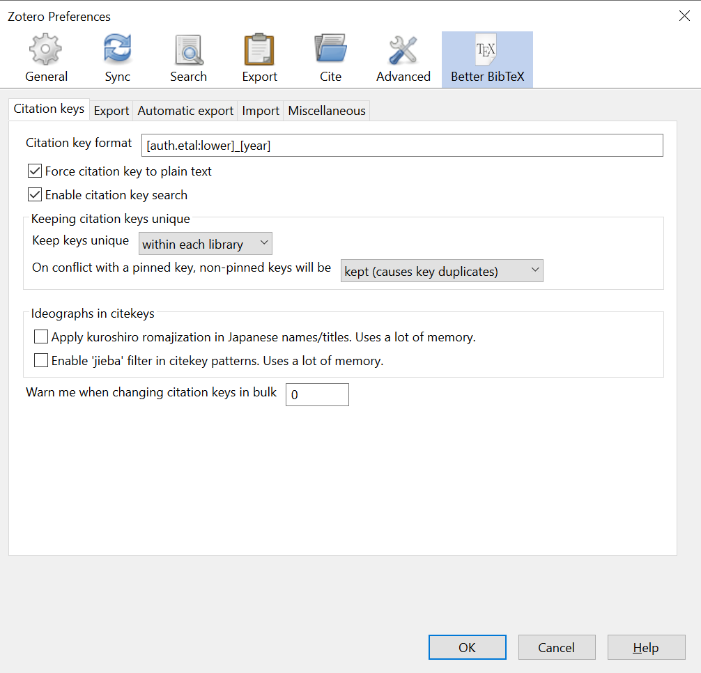 Window of "Zotero Preferences", with seven tabs. The rightmost one, "Better BibTeX", is selected, showing five tabs for settings and focusing on the first, "Citation keys". In a field titled "Citation by format", it reads "[auth.etal:lower]_[year]".