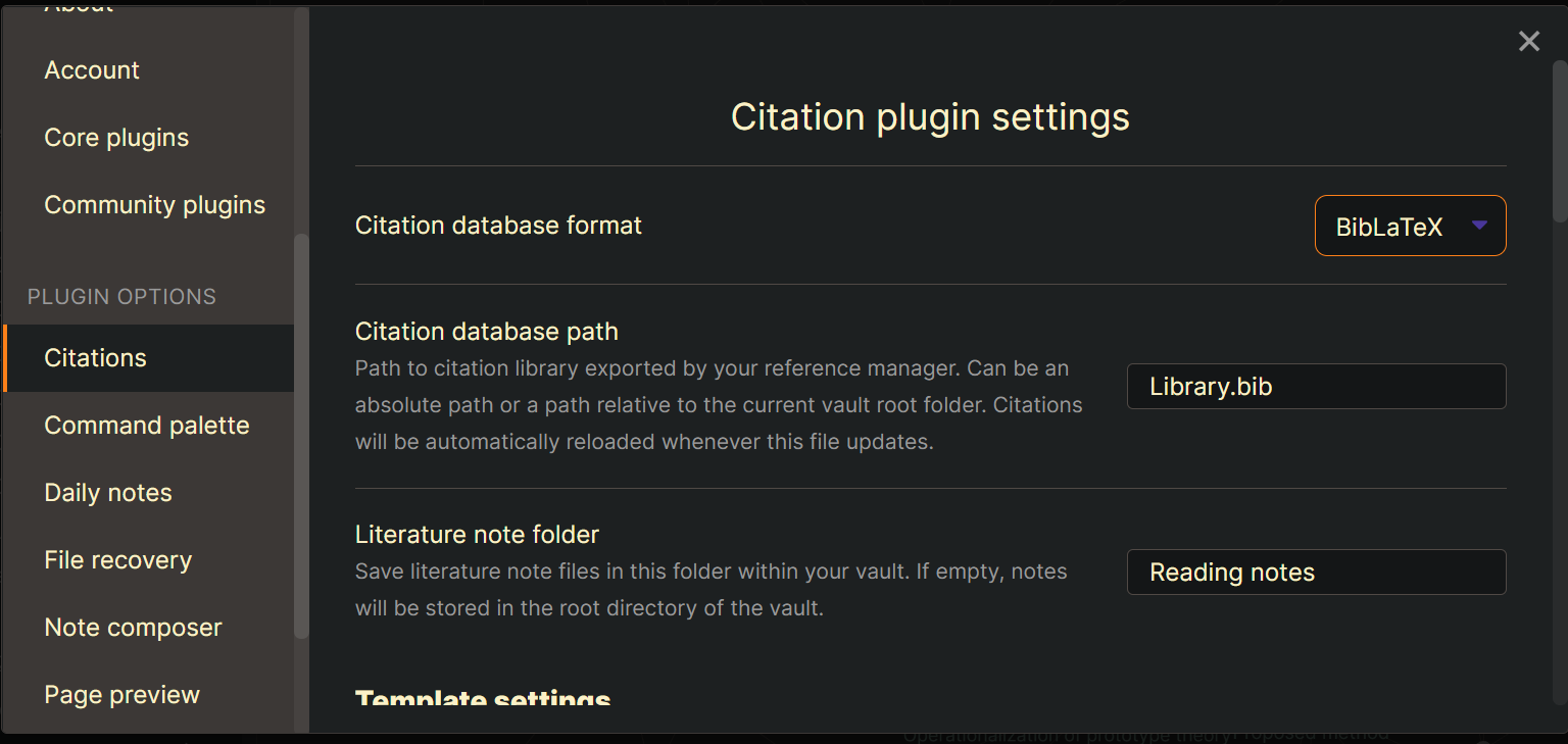 Screenshot of Obsidian settings to activate customize the citation plugin. One the left sidebar, "Citations" is selected. The main area is titled "Citation plugin settings" and there are three sections underneath: "Citation database format", which offers a dropdown menu in which "BibLaTex" has been selected; "Citation database path", which asks for text input and reads "Library.bib", and Literature note folder, which also asks for text input and reads "Reading notes".
