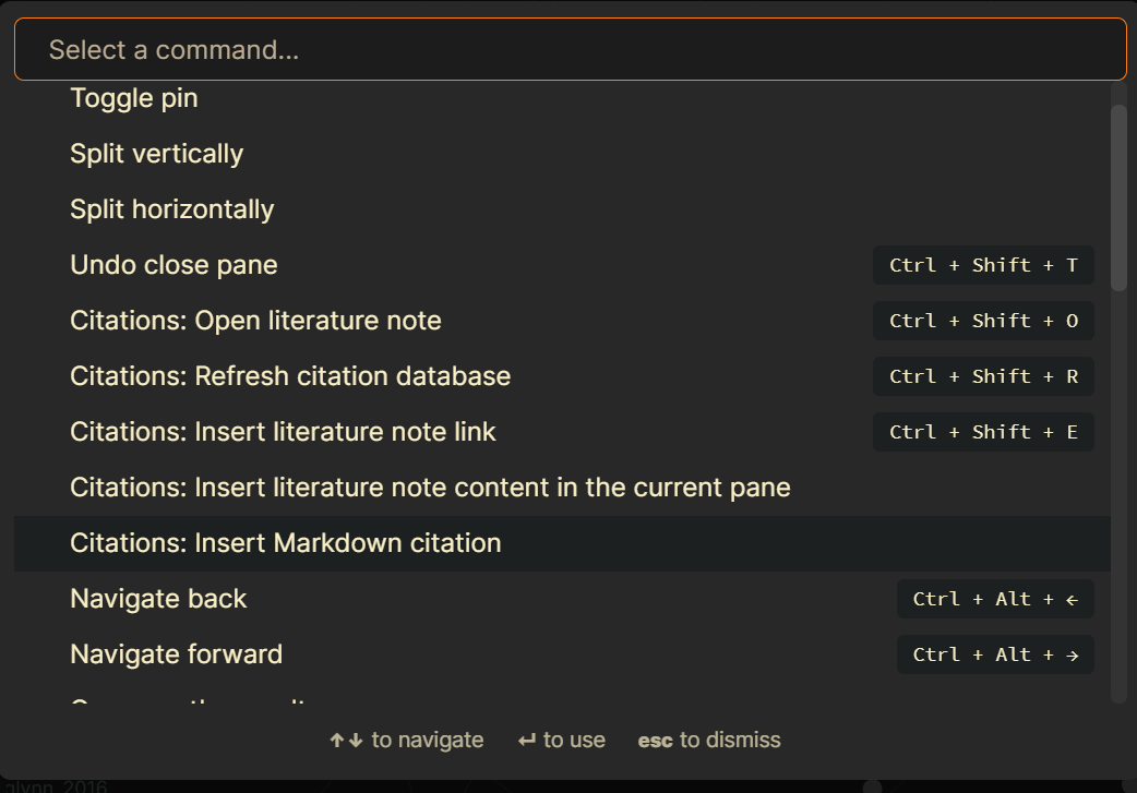 Screenshot of the command palette: a selection menu with a search bar on top reading "Select a command...". The ninth option is highlighted and reads "Citations: Insert Markdown citation".
