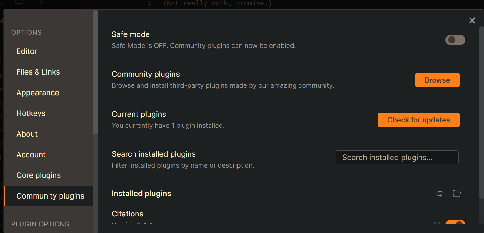 Screenshot of Obsidian settings to activate a community plugin: in the left sidebar, the option "Community pluging" is selected, and in the main side "Safe mode" is deactivated.