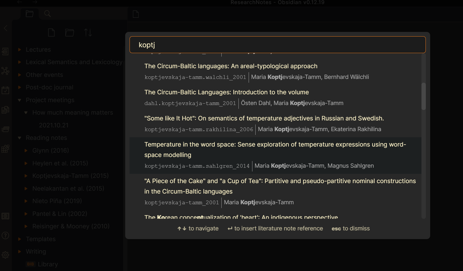 Screenshot of list of entries that pops up. In the search barc on top, it reads "koptj", and a group of citations matching the search text is filtered.